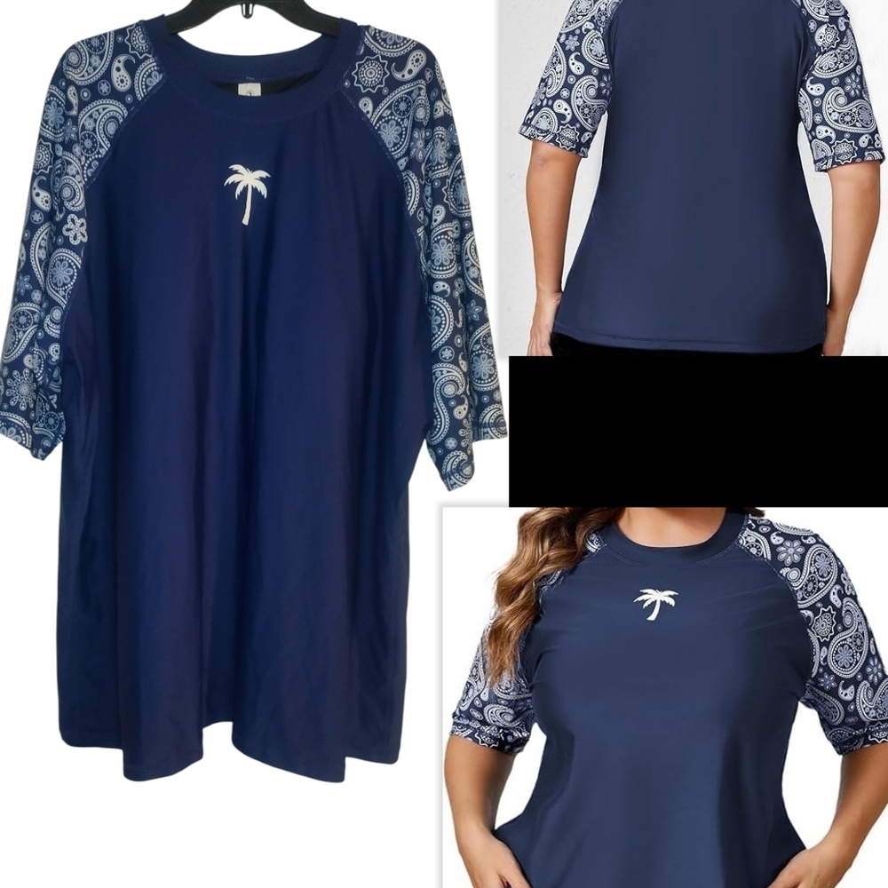 Halcurt Women's Plus Built in Bra Rash Guard Two Piece Swim Shirt Size 4X